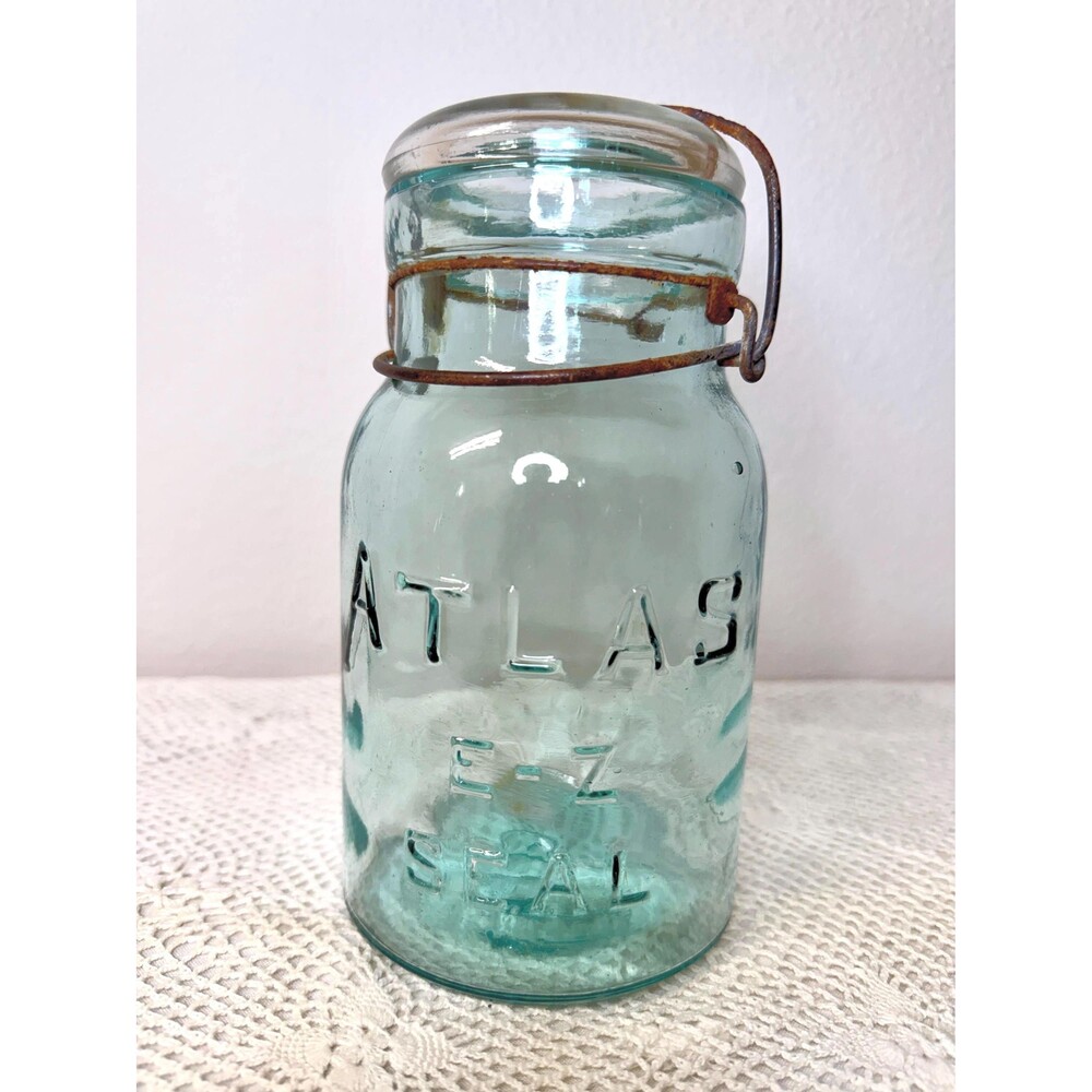 Vintage Atlas E-Z Seal Aqua Glass Quart Canning Jar 1930s